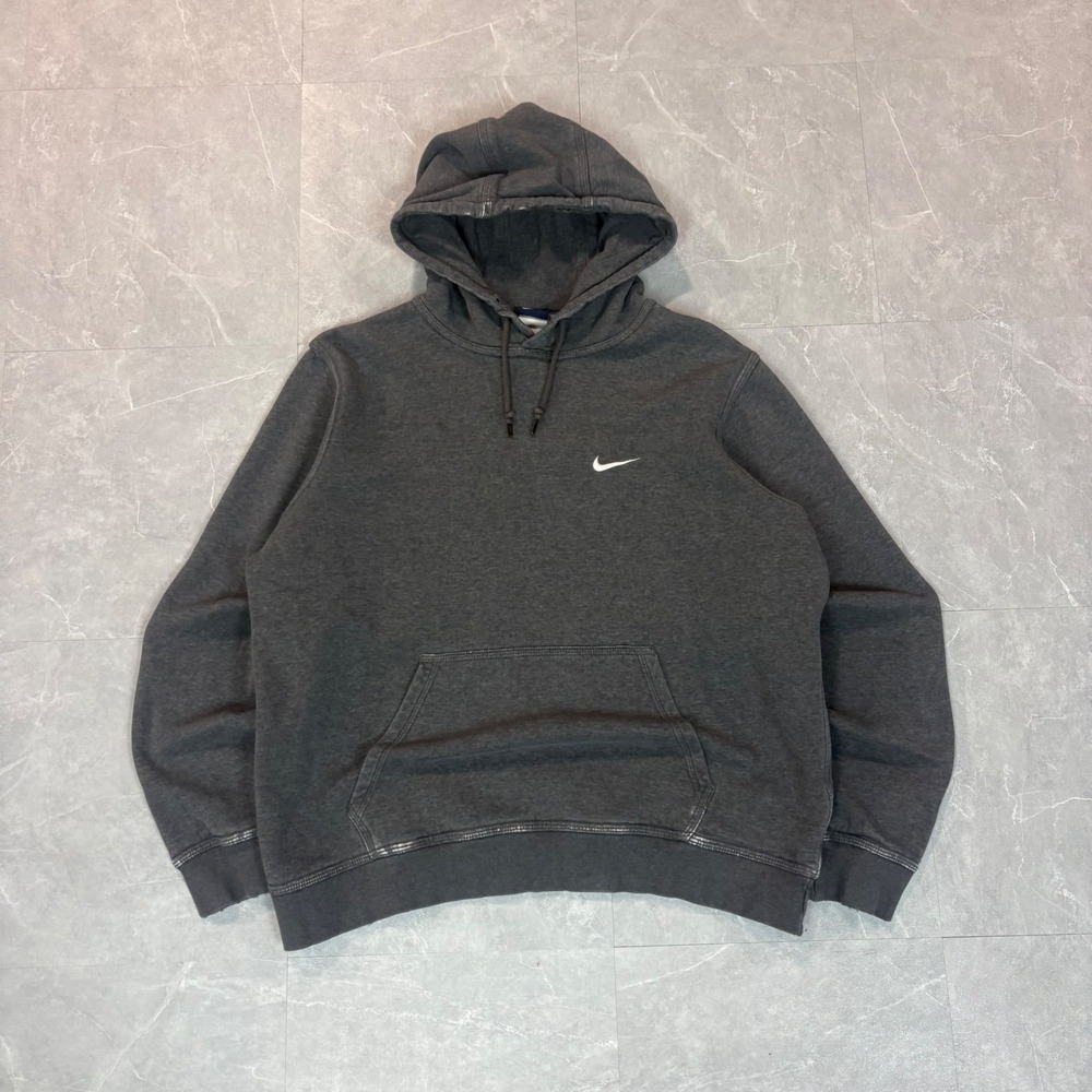 Nike Mens Charcoal Grey Pullover Hoodie White Swoosh Logo Fleece Large
